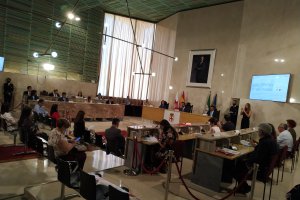 Vista general del salón de plenos con los ediles guardando las distancias