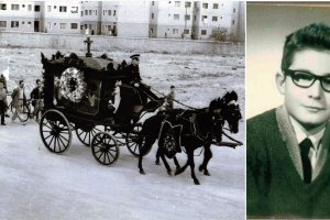 Un entierro en los años 50 por la Rambla de Almería, en los que aún se estilaban los coches de caballo. Al lado, Juan Valdivia, en su juventud.