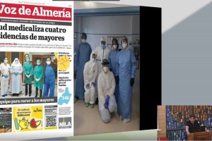 Javier Sandoval, abajo a la derecha, usó una portada de La Voz durante su intervención en las jornadas.