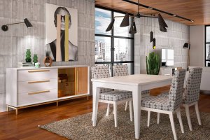 Diseño de comedor con madera y colores neutros.