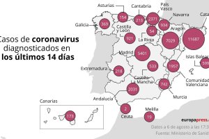 Mapa con datos de coronavirus en España a 6 de agosto.