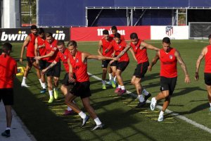 La plantilla del Atlético en su última sesión de trabajo.