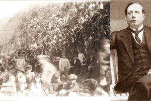 Grupo de electores esperando en una loma de Lubrín la llegada de Azorín (a la derecha) a un mitín en 1916.