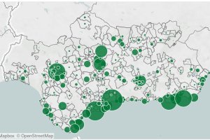 Captura de pantalla del mapa de Andalucía con una representación gráfica de los positivos de cada municipio.