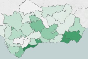 Mapa de positivos en los distritos de Andalucía, los almerienses los más \'oscuros\'.