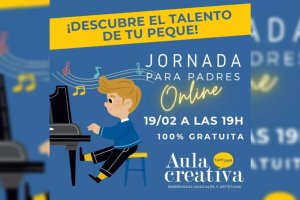 Cartel Jornada online para madres y padres en Aula Creativa de Música.