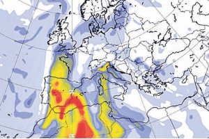 Entrada de la masa de aire sahariano desde le norte de África prevista para este domingo.