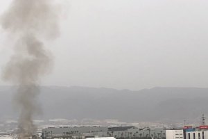 Columna de humo provocada por el incendio en una zona de cañaveral próxima al Gran Plaza.