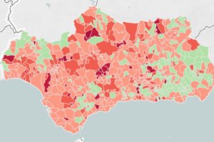 Mapa con la incidencia del covid en Andalucía, donde Almería figura en verde con una buena situación.