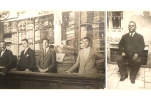 Dependientes de la pañería ‘La Fortuna’, con traje, corbata y pajarita; al lado, Matías Pérez.