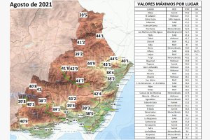 Mapa de las temperaturas máximas en la provincia durante la ola de calor que se inició el miércoles 11. Fuente: E. Romay / Cazatormentas