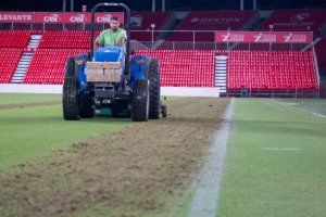 Nada más terminar el partido Royalverd comenzó los trabajos de cambio de césped.