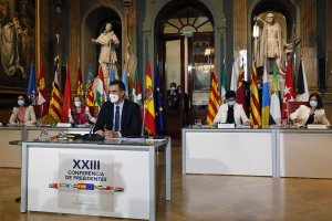Pedro Sánchez, durante la reunión telemática.