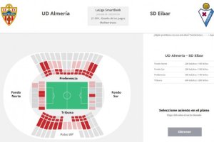 Las entradas del Almería-Eibar, del próximo lunes, están a la venta en Internet.