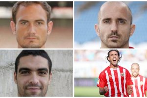 Carlos García, Bruno, Míchel y Cisma con la camiseta del Almería.