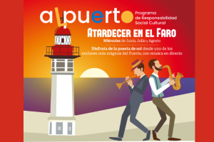 Cartel de \"Atardecer en el Faro\" de la Autoridad Portuaria de Almería.
