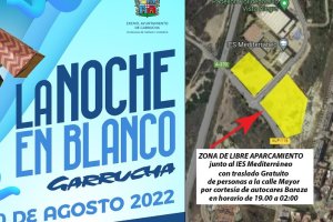 Cartel de la Noche en Blanco junto a un mapa explicativo de la zona de aparcamiento.