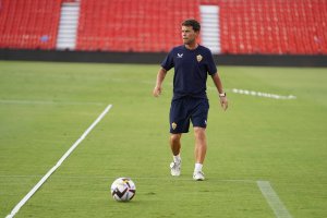 Rubi en el entrenamiento previo al partido contra el Sevilla.