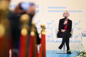 Maria de Medeiros, este sábado durante la rueda de prensa que ofreció en la Diputación de Almería.