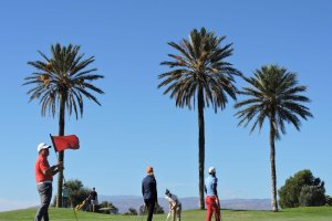 Un grupo de aficionados juega al golf en el campo de El Toyo.