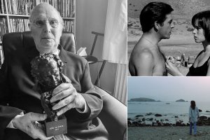 Carlos Saura, con el Goya de Honor que recibió hace unos días en su casa; al lado, dos escenas rodadas en Almería.