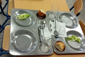\'Ensalada completa\', formada por unos trozos de lechuga, y \'bollos\' de pan del menú, en una foto enviada por los padres del colegio.