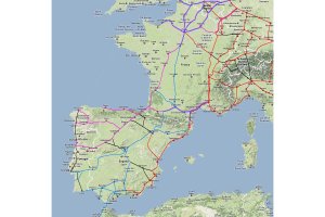 Mapa de los ejes ferroviarios transeuropeos donde se ubica el Corredor Mediterráneo.