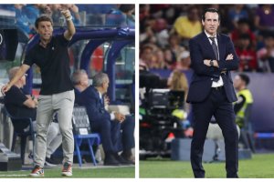 Rubi y Emery en el Villarreal-Almería que se disputó en el Ciutat de Valencia.