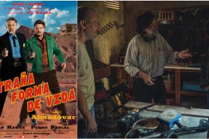 El cartel del corto de Almodóvar y Víctor Erice dirigiendo a José Coronado y Manolo Solo. Fotos: El Deseo / Manolo Pavón.