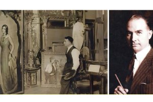 Estudio del pintor Pedro Antonio Martínez Expósito en Madrid donde se ve al artista con la tabla de colores en la mano e imagen del pintor.