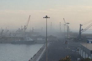 Una imagen reciente de maniobras de carga de graneles sólidos en el muelle de poniente del puerto donde se aprecia el alto grado de contaminación 