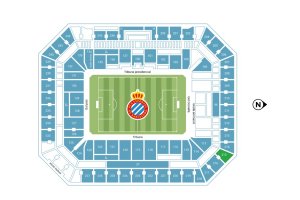 El plano del campo del Espanyol, con la zona visitante a la izquierda.