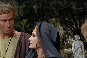 Charlton Heston y Carmen Sevilla, en una secuencia de Marco Antonio y Cleopatra rodada en la Alcazaba de Almería. Foto: FlixOlé.
