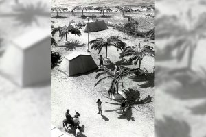 Unos turistas echándose fotos junto al hombre del burro en el camping de la playa de la Garrofa en los años 60.
