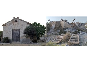 La ermita de Los Perdigones en pie y después tras el derribo.
