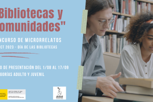 Cartel del concurso de microrrelatos Bibliotecas y comunidades por el Día de las Bibliotecas 2023.