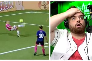 La \'chilena\' de Aarón Herrero y la reacción de su presidente Ibai Llanos desde la cabina.