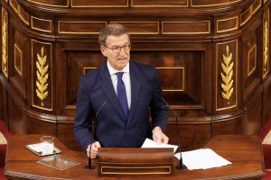 El líder del PP y candidato a la Presidencia del Gobierno, Alberto Núñez Feijóo, interviene durante la primera sesión del debate de investidura