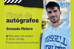 El cartel que anuncia la visita de Gonzalo Melero a la tienda Base Deportes Blanes de Obispo Orberá.