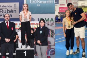 Elisa Albers Galindo en lo más alto del podio y con Adrián, su entrenador.