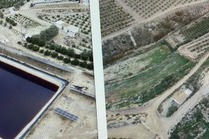 Imágenes entregadas al juzgado por la comunidad con el presunto colorante (izquierda) en una de las balsas fotografiadas.