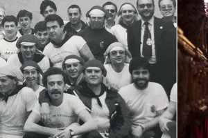 A la izquierda, foto histórica de la cuadrilla de la Oración; a la derecha, Juan Leal tras el Prendimiento.