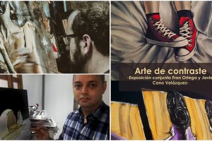 Fran Ortega, Javier Cano y el cartel de la muestra. La voz