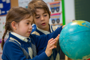 Unos alumnos del Colegio Diocesano investigan un globo del mundo.