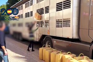 La Policía Nacional descargando los fardos de hachís encontrados dentro del tráiler.