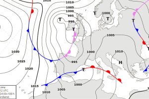 Mapa de superficie previsto para el mediodía del lunes.