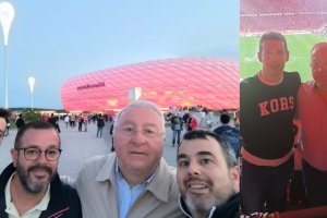 Antonio Ramón hijo, Juanjo Plata, Antonio Ramón padre, y Rafa Hernández en las inmediaciones del Allianz Arena y después padre e hijo en el inte