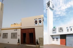 A la derecha, proyecto de la nueva torre para la iglesia de la Fuensanta de Huércal de Almería.