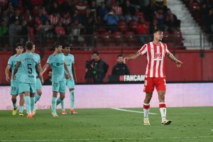 El enfado de Marc Pubill después de encajar el segundo gol frente al FC Barcelona el pasado jueves.