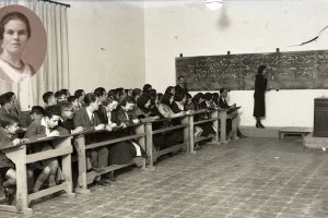 Un aula del Instituto de Almería en los años 30, durante la II República, cuando se permitió que las clases fueran mixtas; arriba, Albertina Cebrián